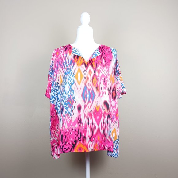 CHICOS| Multicolor Bohemian Dolman Sleeve Side Slit Pop Over Top Medium - Picture 1 of 13